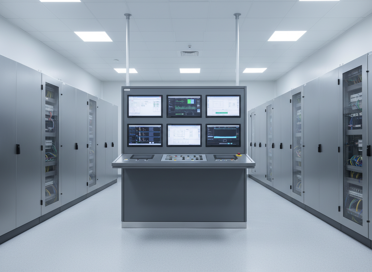Un panel de control industrial moderno de color gris grafito con pantallas HMI de alto brillo mostrando gráficos de procesos y diagramas de flujo, montado en una sala de control impecable. Alrededor se ven gabinetes eléctricos alineados con cableado ordenado y etiquetado. La iluminación es fría y homogénea, proveniente de luminarias LED en el techo, creando reflejos suaves en las superficies metálicas y sombras discretas en el suelo epóxico claro. La atmósfera es profesional y de alta tecnología, transmitiendo precisión y confiabilidad. Fotografía en ángulo ligeramente elevado, con profundidad de campo media para mantener nítidos tanto el panel principal como los gabinetes del fondo, en estilo de realismo fotográfico limpio y corporativo.
