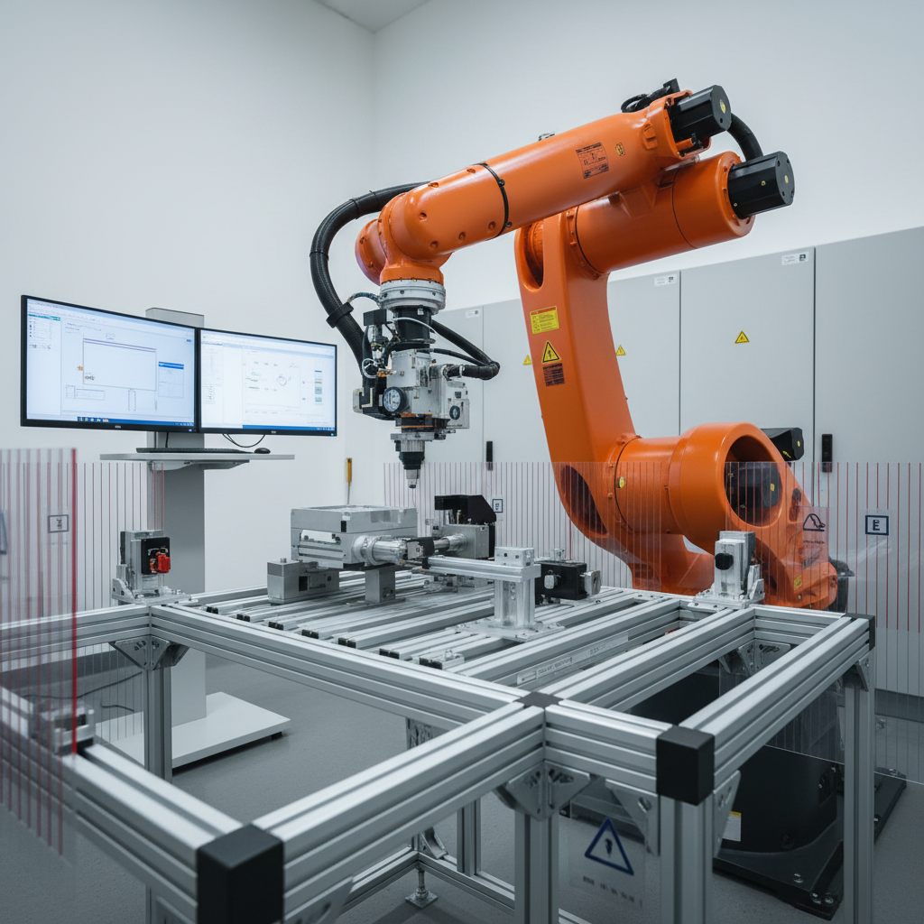 Una celda de manufactura avanzada donde un robot articulado naranja de seis ejes ensambla piezas metálicas sobre una mesa de trabajo de aluminio extruido, rodeado de sensores de seguridad, barreras fotoeléctricas y señalización visual sin texto. Al fondo, se observan armarios de control y un sistema SCADA mostrado en pantallas montadas en un pedestal. La luz es blanca neutra y uniforme, con sutiles reflejos sobre las superficies metálicas pulidas y las carcasas plásticas del robot. El ambiente comunica innovación, precisión y alta productividad. Fotografía en ángulo bajo, ligeramente escorado, que enfatiza la escala del robot y la profundidad del espacio, con enfoque nítido en toda la escena, estilo fotográfico contemporáneo y corporativo.