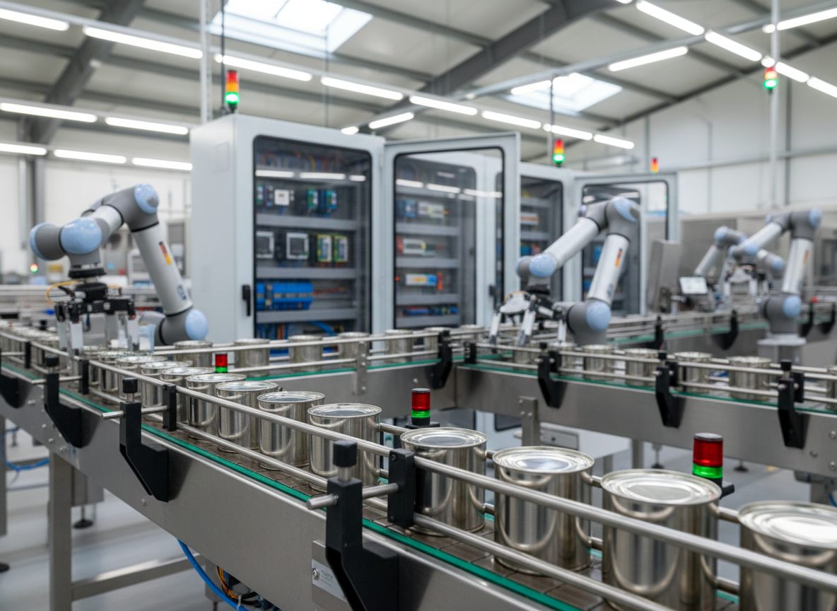 Una línea de producción automatizada para la industria alimentaria en una nave industrial amplia y ordenada, con bandas transportadoras de acero inoxidable, sensores ópticos y brazos robóticos compactos manipulando envases metálicos. En el fondo se distinguen PLCs y módulos de E/S dentro de gabinetes con puertas transparentes. Luz natural difusa entra por tragaluces en el techo, combinada con iluminación LED blanca que resalta el brillo del acero y la limpieza del entorno. El ambiente es eficiente y moderno, sin elementos desordenados. Fotografía a nivel de ojo, composición en regla de tercios, con enfoque nítido en la sección de banda transportadora del primer plano y ligero desenfoque hacia el final de la línea, en estilo fotográfico profesional.