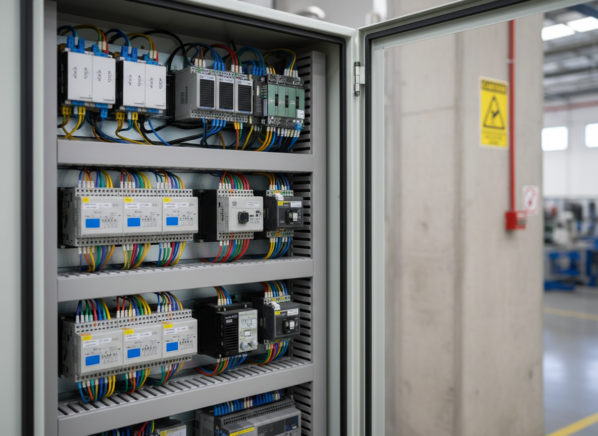 Un close-up de un gabinete de automatización industrial abierto, con filas perfectamente alineadas de PLCs modulares, variadores de frecuencia y relés inteligentes, todos montados sobre riel DIN. Los cables de diferentes colores están ordenados en canaletas y peinados con precisión, mostrando conectores y bornes industriales de alta calidad. El gabinete se encuentra en una planta industrial de manufactura moderna en el sureste de México, sugerida por una señalización de seguridad icónica sin texto y muros de concreto pintados en tonos claros. Iluminación de estudio suave con luces laterales que acentúan texturas y detalles de los componentes. La composición se centra en los módulos electrónicos, con fondo ligeramente desenfocado, en realismo fotográfico técnico y elegante.